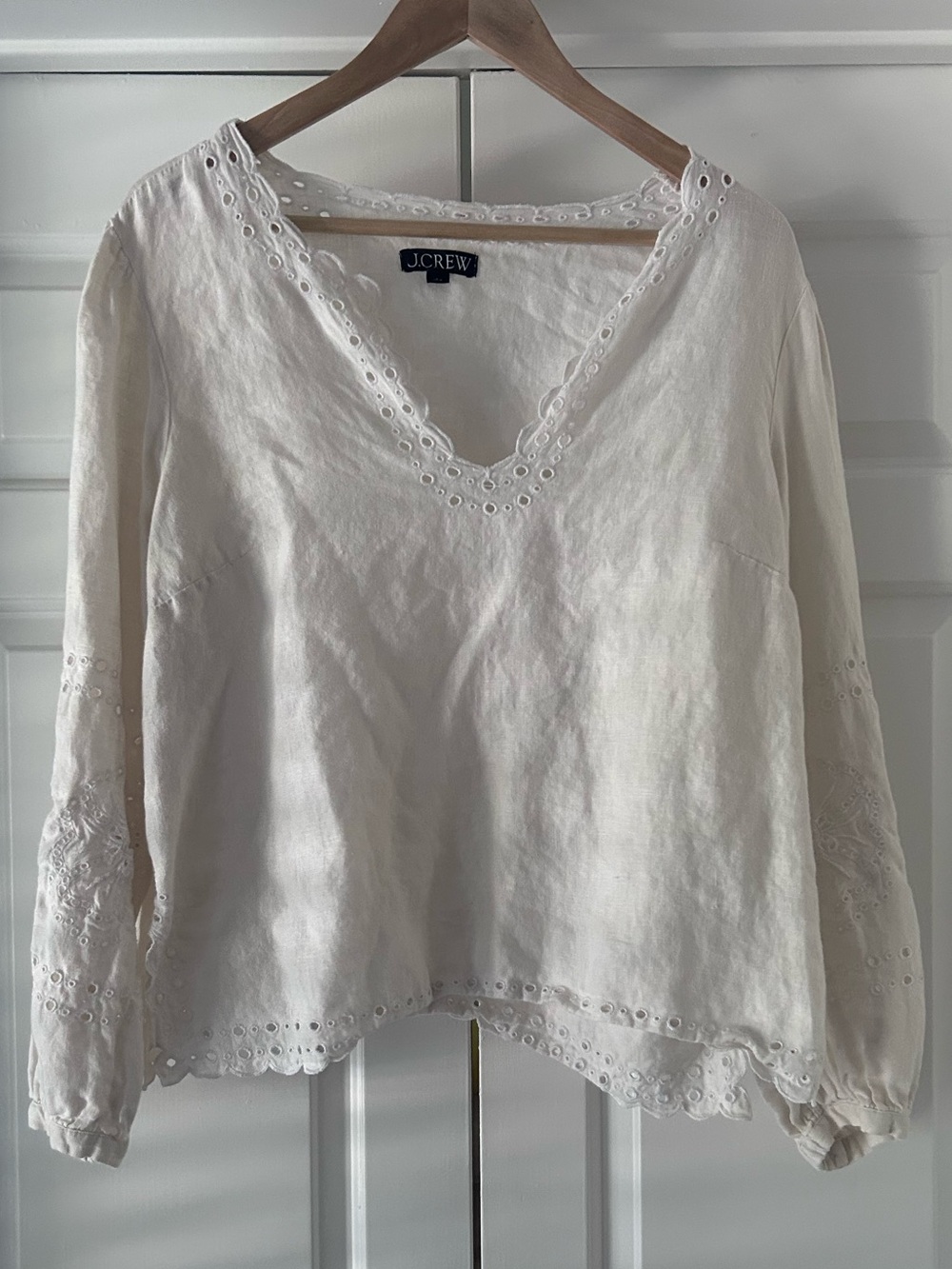 J.Crew White Linen Eyelet V-Neck Blouson Sleeve Top L